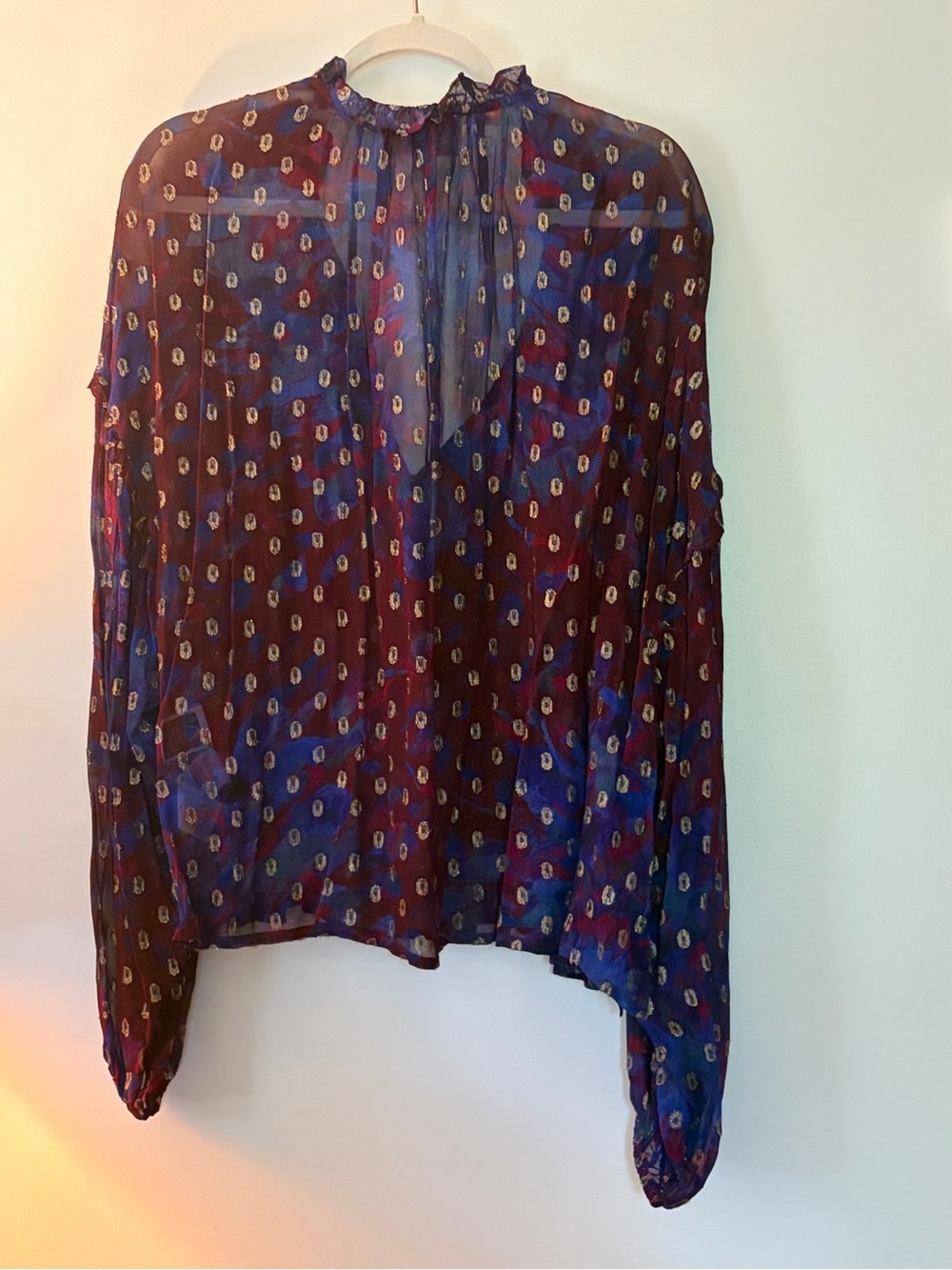 Cleobella Navy and Burgundy Sheer Printed Blouse